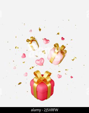 Rote, rosa und weiße Geschenkschachteln und Herzen fallen auf hellen Hintergrund Stockfoto