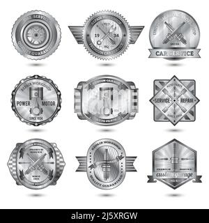 Reparatur-Werkstatt Auto Service Metall Embleme Satz isoliert Vektor Abbildung Stock Vektor