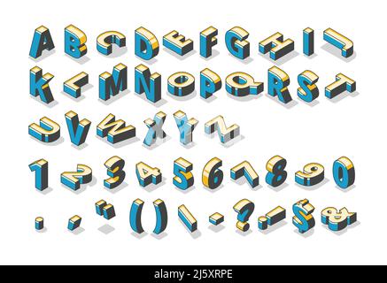 Isometrisches Alphabet, Zahlen und Satzzeichen, abc Großbuchstaben, Typografie in Reihe stehend und liegend auf weißem Hintergrund. 3d-Elemente, Schilder Stock Vektor