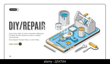 DIY Reparatur isometrische Landing Page, Engineering-Bau-Service-Tools für Hausrenovierung auf riesigen Handy-Bildschirm. Architect Building Company Stock Vektor