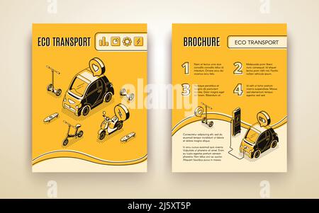 Eco Transport isometrisches Banner und Brocure Set Vorlagen, Elektroauto laden, Fahrrad, Hoverboard, Fahrrad, Roller und Skateboard umweltfreundlich Stock Vektor