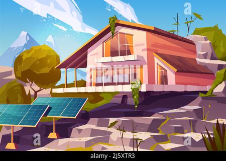Ökologischer Lebensstil, nachhaltiges und autonomes Leben, saubere Umwelt Cartoon-Vektor-Konzept. Zweistöckiges Cottage House auf einem Berghügel, wilder Nat Stock Vektor