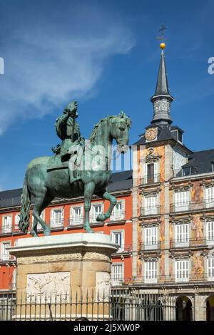 Reiterstatue von König Philipp III. Auf der Plaza Mayor in Madrid, Spanien Stockfoto