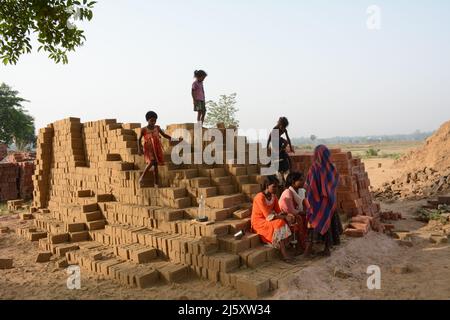 Santiniketan, Indien. 24. April 2022. (4/24/2022) im Bericht heißt es, dass es in ganz Indien 50 Tausend Ziegelöfen gibt. Im Durchschnitt arbeiten in jedem Ofen 150 Arbeiter. In der Ziegelofenindustrie, das Formen und Brennen von Ziegelsteinen aus Ton. Meist männlich, aber auch ein bedeutender Mitarbeiter von Frauen und Kindern. Ziegelöfen befinden sich in kleinen Produktionseinheiten außerhalb des Stadtgebiets. Die Arbeiter sind überwiegend Wanderarbeiter und die Arbeit ist saisonal. (Foto: Samiran Nandy/Pacific Press/Sipa USA) Quelle: SIPA USA/Alamy Live News Stockfoto