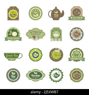 Ökologische grünen und fermentierten schwarzen Tee Zitronengeschmack Teebeutel Premium Marken Etiketten setzen abstrakt isoliert Vektor Illustration Stock Vektor