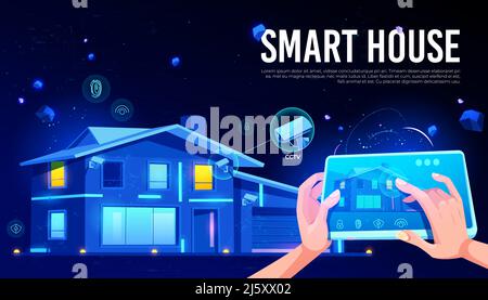 Smart-House-Sicherheitstechnologie mit CCTV-Kameras zeichnet die Online-Anzeige auf, schlüsselloser Zugang mit Fingerabdruck-Türöffnung, Raumbeleuchtung ein, aus Fernbedienung Forts Stock Vektor