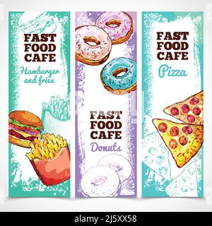 Fast Food vertikale Banner mit Skizze Donuts Pizza und Sandwiches Isolierte Vektordarstellung Stock Vektor