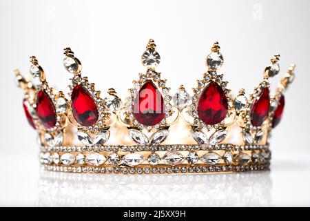 Eine goldene Krone Replik mit roten und weißen Diamanten von der Vorderseite verziert und isoliert auf einem weißen Hintergrund. Diadem. Stockfoto