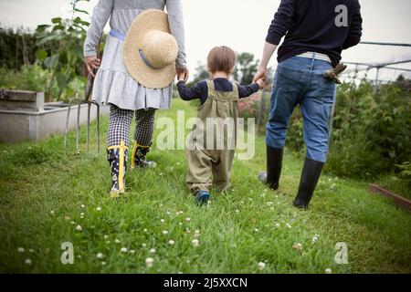 Familie hält sich die Hände und geht im Gartengras Stockfoto