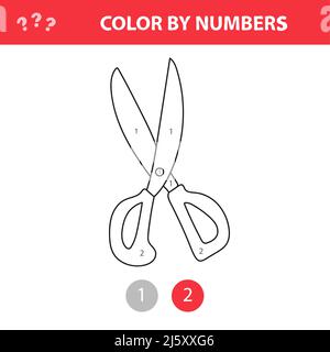 Farbe nach Zahl - Schere. Farbe nach Zahlen, druckbare Aktivität. Arbeitsblatt für die Erziehung von Kindern Stock Vektor