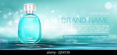 Parfüm Spray Flasche Mock up Banner. Verpackungsdesign für Glaskolben auf der Wasseroberfläche verschwommener Hintergrund. Duftduft kosmetisches Beauty-Produkt, Stock Vektor