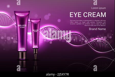 Augencreme Kosmetik Tubes Mock up Banner mit dna-Struktur, Reparatur Schönheit Hautpflege Anti Aging kosmetische Produkt Flaschen Hintergrund. Gel, flüssiges Serum Stock Vektor