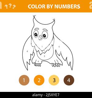 Color by number Arbeitsblatt für Kinder lernen Zahlen durch Färbung. Eule auf Weiß. Einfacher Vektor Stock Vektor