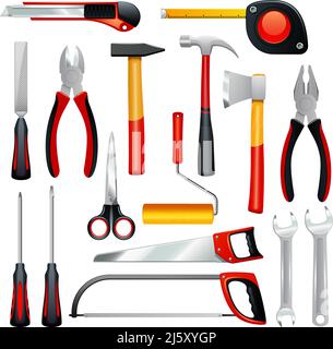 Symbole Satz von verschiedenen einfachen Werkzeugen für Hausarbeit und nicht Professionelle Reparatur realistisch isoliert Vektor Illustration Stock Vektor
