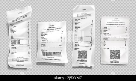 Quittungsrechnung, Papierrechnungen mit qr-Code und Barcode für Scan-Set isoliert auf transparentem Hintergrund. Supermarkt Einkaufen Einzelhandel Scheck und total cos Stock Vektor
