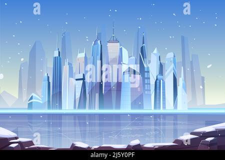 Schneefall in modernen Stadt Cartoon-Vektor mit futuristischen Wolkenkratzern auf gefrorenen Flussufer Illustration. Winterurlaub Saison in der Metropole, Klima c Stock Vektor