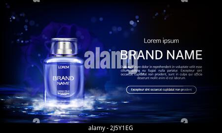 Blume Parfüm Flasche auf Nacht Wasseroberfläche Hintergrund mit Nebel. Glasflasche Verpackungsdesign Modell. Blumenduft Duft kosmetische Schönheit Produkt Stock Vektor