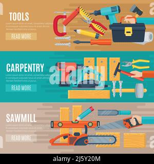 Horizontale Schreinerei flache Banner Satz von Holzarbeiter Werkzeuge Kit und Vektorgrafik Sägewerk Stock Vektor