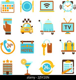 Hotel Reise 24h Zimmerservice flache Ikonen Set mit Frühstück Bell und mobile tv isolierte Vektor-Illustration Stock Vektor