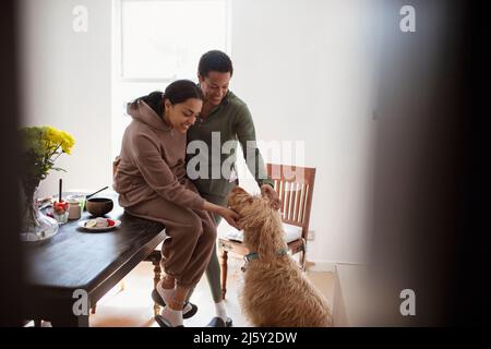 Mutter und junge Erwachsene Tochter Streichelhund zu Hause Stockfoto