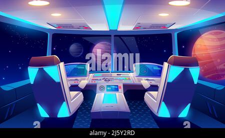 Raumschiff Cockpit Innenraum mit Raum-und Planeten-Ansicht, Raketenkabine mit Bedienfeld, neon leuchtenden Sitze für Piloten und Flugdeck mit Navigation Stock Vektor