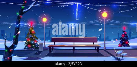 Weihnachten in der Nacht Stadtpark, leerer öffentlicher Garten mit verzierten Tannenbäumen, Bank und Beleuchtung Girlanden. Winter Cityview Landschaft, Urban Ort für wa Stock Vektor