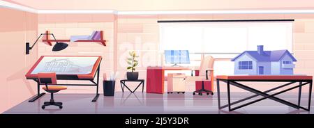 Architekturbüro mit Blaupause und Hausmodell-Projektion. Leerer Designer-Studio-Arbeitsplatz, Inneneinrichtung mit verstellbarem Schreibtisch und Tisch w Stock Vektor