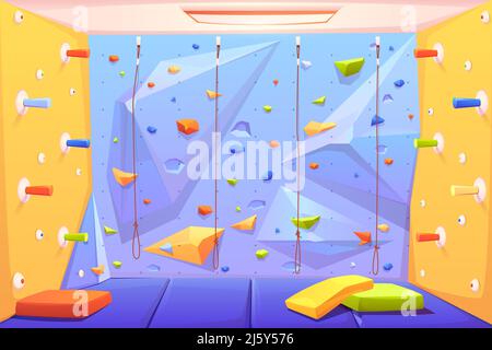 Kletterwand mit Griffen, Matten und Seilen für Boulderaktivitäten im Fitnessstudio oder Erholungsbereich für die Skalierung im Vergnügungspark oder Kinderspielplatz. Alpi Stock Vektor