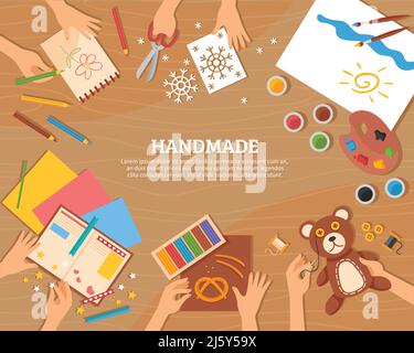 Handgemachtes Konzept in flachem Stil mit Kinderzeichnungen Plastilin Farbe Papier Aquarell und geschickte Hände Vektor Illustration Stock Vektor