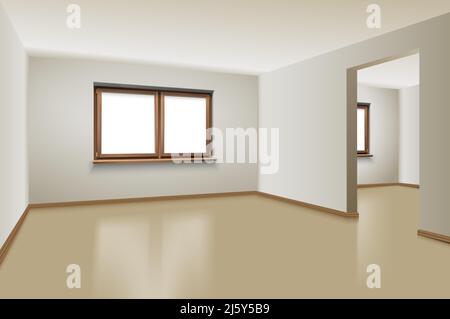 3D realistischer Vektorhintergrund. Leere Wohnung mit Fenstern und Holzboden. Zwei leere Zimmer. Innenarchitektur. Stock Vektor