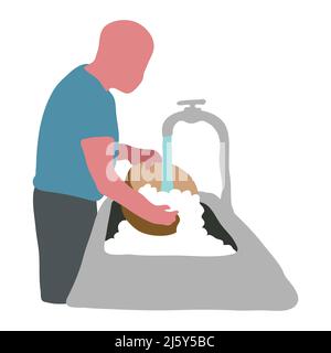 Eine Illustration eines Mannes, der in der Küche Geschirr wäscht Stock Vektor