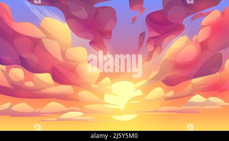 Sonnenuntergang oder Sonnenaufgang Himmel, Natur Landschaft Hintergrund, rosa Wolken fliegen am Himmel zu strahlender Sonne. Abend- oder Morgenansicht Cartoon-Vektor-Illustration Stock Vektor