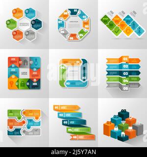 Infografik Vorlagen Icons mit verschiedenen Diagrammen und Diagramme flach gesetzt Isolierte Vektordarstellung Stock Vektor