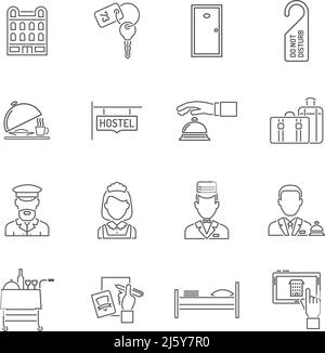 Hotel Icons Linie mit Tourismus-Personal isoliert Vektor-Illustration gesetzt Stock Vektor