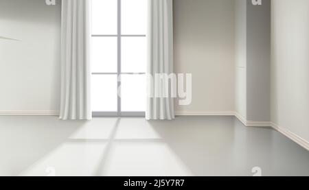 3D realistischer Vektorhintergrund. Wohnzimmer leer innen. Fenster mit langen Vorhängen. Sonnenlicht im Zimmer. Stock Vektor