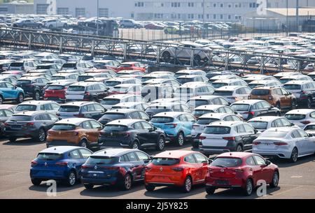 Duisburg, Nordrhein-Westfalen, Deutschland - Neuwagen, Umschlagstelle, Autoterminal im Duisburger Hafen. Stockfoto