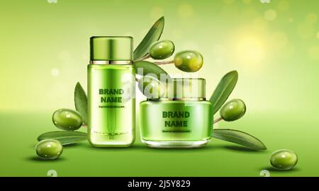 Olive Kosmetik Flasche und Cremedose, natürliche Schönheit Produktlinie auf grünem Hintergrund mit Beeren und Blättern, Kosmetikröhrchen nachstellen. Befeuchten Sie den Prom Stock Vektor