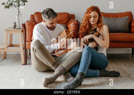 Paar streicheln niedliche bunte Katzen in den Händen, während sie zusammen auf dem Boden neben einem Sessel im hellen Wohnzimmer zu Hause sitzen Stockfoto