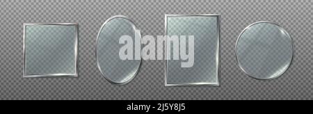 3D realistisches Vektor-Icon-Set. Sammlung von transparenten Rahmen in Silber Spiegel in quadratischer, ovaler, rechteckiger und runder Form. Stock Vektor