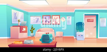 Rezeption der Tierklinik, leerer Innenraum mit Schreibtisch, Schranktür des Tierarztes. Tierkrankenhaus-Lobby mit Katzen- und Hundespruchbändern, Haustierauto Stock Vektor