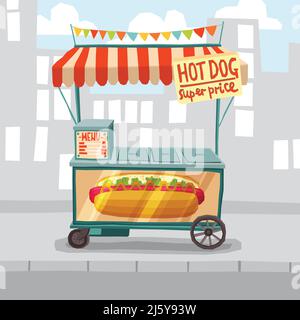 Hot Dog Cart Shop auf Stadt Straße Hintergrund Vektor Illustration Stock Vektor