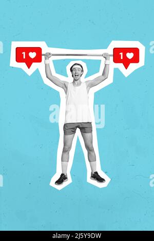 3D kreative abstrakte Vorlage Foto Grafiken Collage von sportlichen Kerl steigenden schweren Blogging Arbeit isoliert blauen Hintergrund Stockfoto