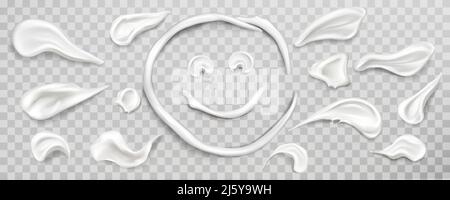 Weiße Creme schmiert das Muster in Form eines lächelnden Sonnengesichts. Set von Kosmetik Schönheit Hautpflege Produkt Striche isoliert auf transparentem Hintergrund, Lotion, Stock Vektor