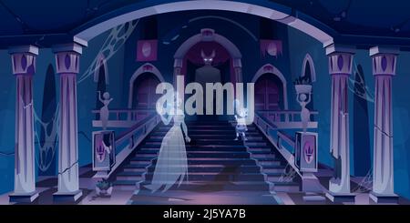 Altes Schloss mit Geistern, die in einem dunklen, gruseligen Zimmer mit Treppe fliegen. Verlassene Palasthalle Eingangshalle mit Spinnennetz, rissige Säulen und Statuen, Stock Vektor