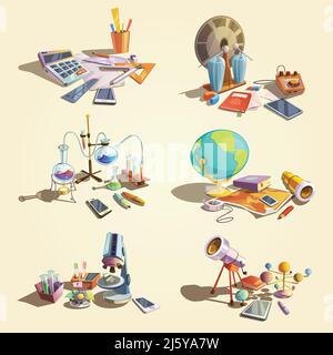Science retro Konzept Set mit Cartoon Bildung Objekte isoliert Vektor Abbildung Stock Vektor