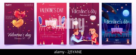 Valentinstag Banner Set. Einladung für ein romantisches Dating oder eine Party für Paare, die sich für ein Abendessen mit Champagner, Essen und brennende Kerzen in der Liebe Stock Vektor