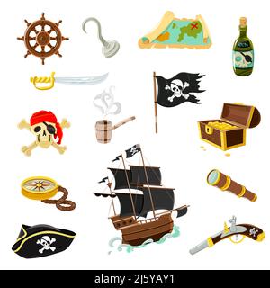 Pirate Accessoires flache Ikonen Kollektion mit hölzernen Schatzkiste und Schwarze fröhliche roger Flagge abstrakte Vektor-Illustration Stock Vektor