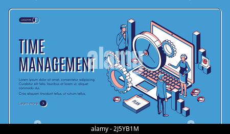 Zeitmanagement-Zielseite. Laptop mit Bürogeräten und -Uhren, Priorisierung von Aufgaben, Organisation für effektive Produktivität. Optimierungsplanung Stock Vektor