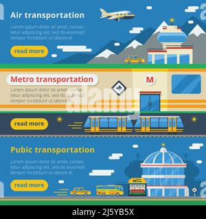 Personentransport horizontale Banner Satz von Luft-U-Bahn und öffentliche Transport Kompositionen flache Vektor-Illustration Stock Vektor