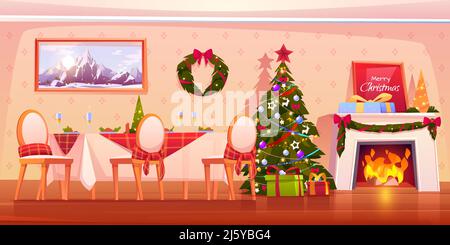 Familie Weihnachtsessen, leere Innenraum Cartoon-Vektor-Illustration. Wohnzimmer mit servierter Festtafel, verzierten Tannenbäumen und Kamin mit Garl Stock Vektor